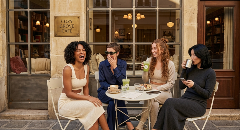 Woman sitting with friends in calm aesthetic room, reflecting on self-worth, happy, secure, emotional healed, and less comparison with other women.