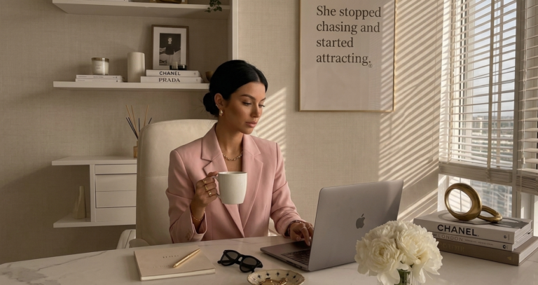 Woman journaling in a clean aesthetic workspace surrounded by coffee, laptop, and a lifestyle planner, representing hot girl habits, self-care routines, discipline, and personal growth.