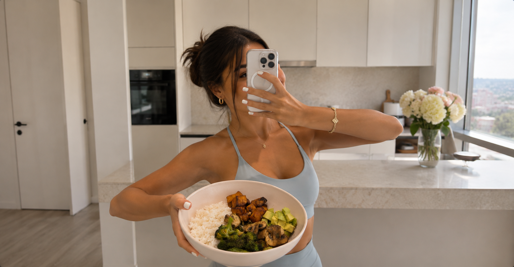 Woman with glowing, clear skin looking at her reflection, representing the connection between diet and skin health
