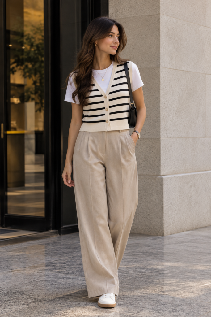 White t-shirt layered under a knit vest with tailored trousers