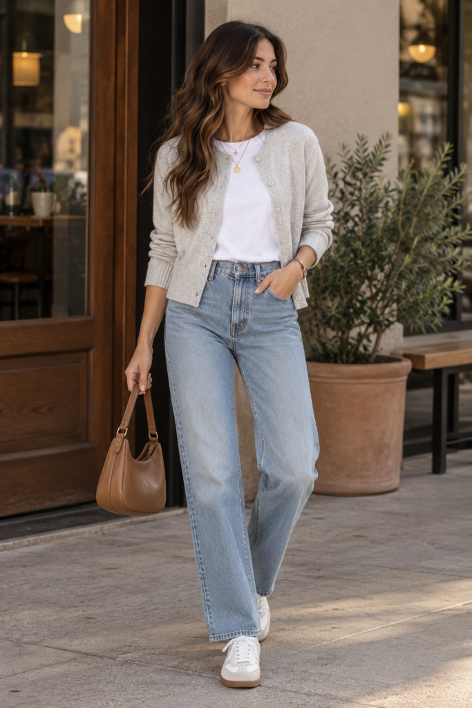 White t-shirt under an open cardigan with relaxed jeans