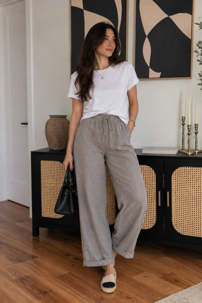 Relaxed white t-shirt and linen pants outfit with espadrilles