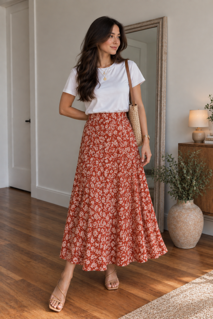 White t-shirt tucked into a floral midi skirt with a matching accent shoe