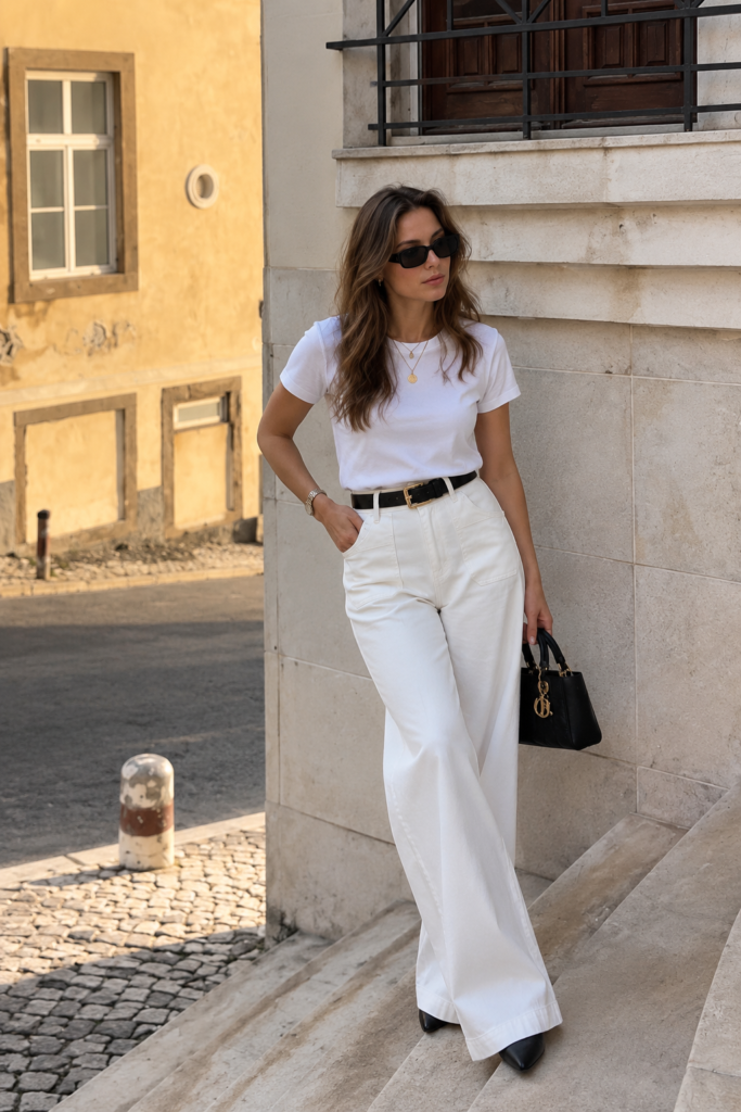 Monochrome white t-shirt and white trousers outfit with gold jewelry