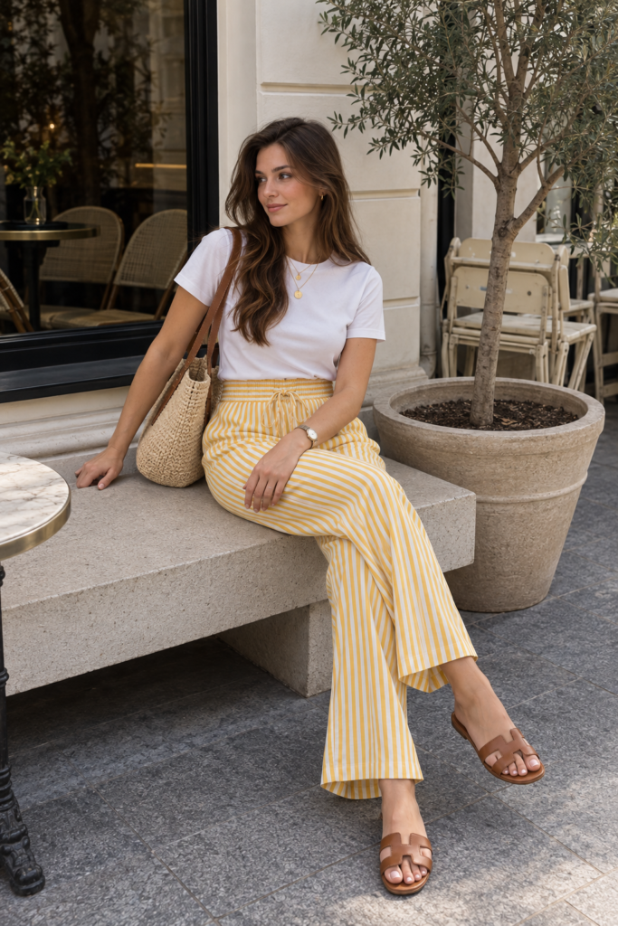 White t-shirt tucked into bold printed trousers
