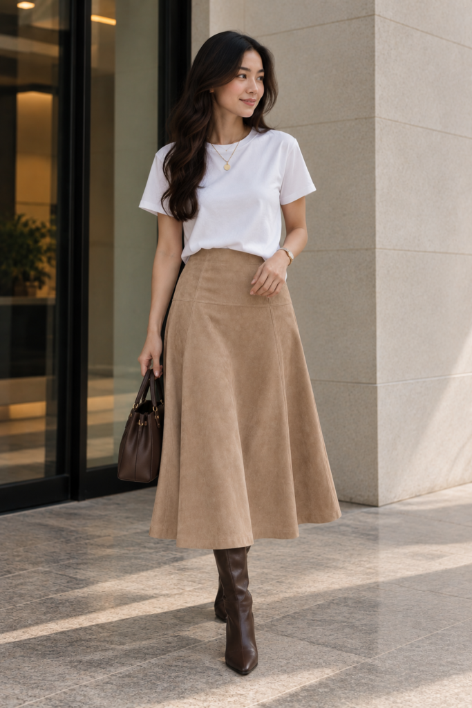 White t-shirt half-tucked into an A-line midi skirt with ankle boots