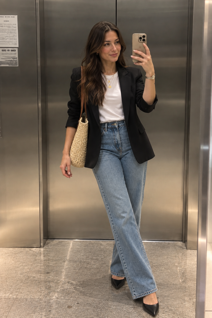 White t-shirt, black blazer, and straight-leg jeans outfit