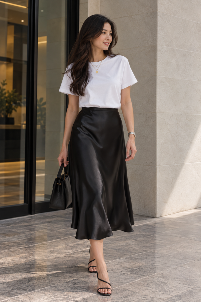 White t-shirt paired with a satin midi skirt and strappy sandals