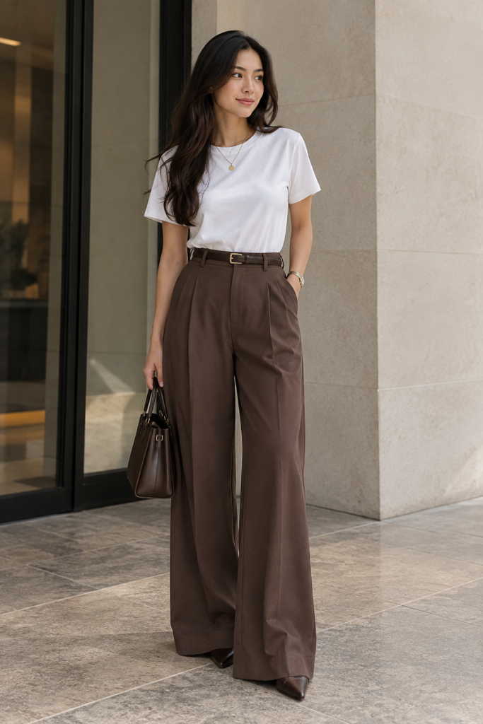Woman styling a white t-shirt with wide-leg trousers and pointed flats